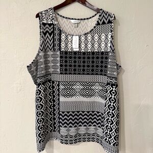 CJ Banks-Tank Top-Black/White Geometric Pattern-Textured-Stretchy-Size 3X-NWT